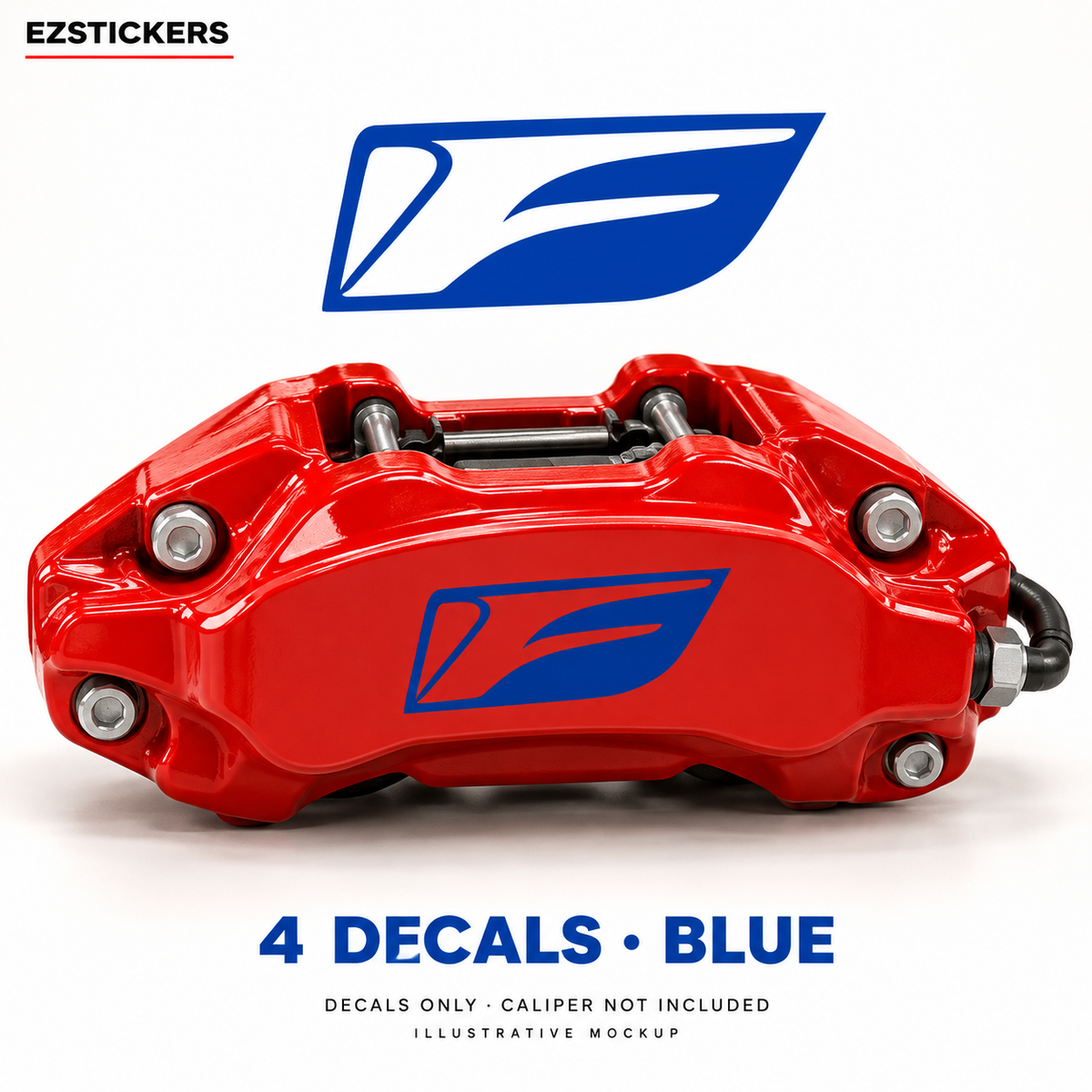 EZSTICKERS illustrative caliper mockup for F Sport Logo caliper decals — Blue, showing referenced manufacturer/model lettering in Blue; decals only, caliper not included.