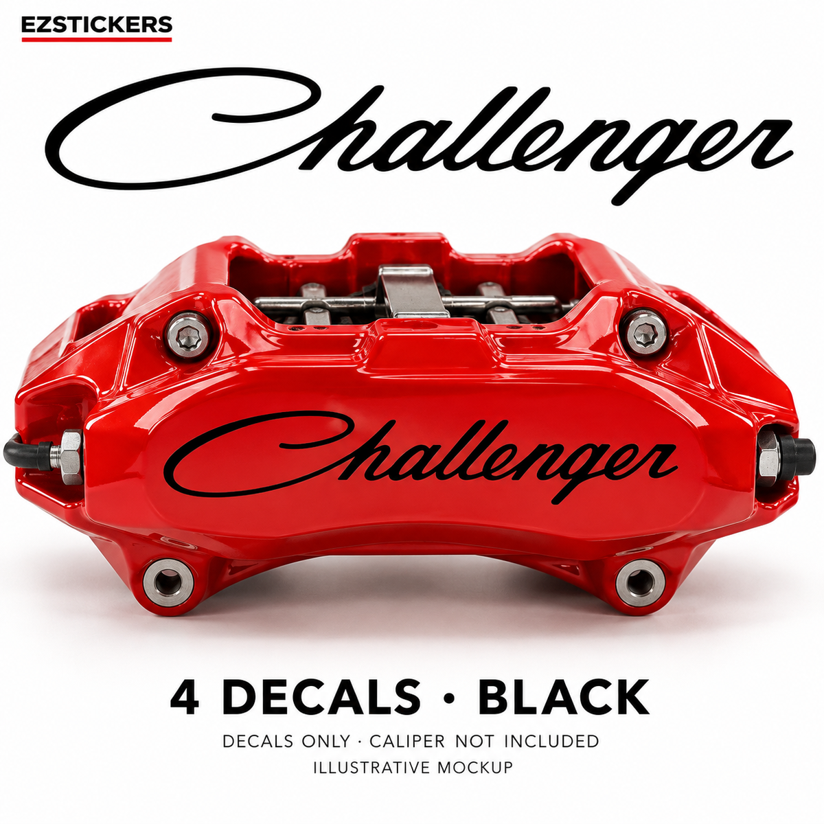 EZSTICKERS illustrative caliper mockup for Dodge Challenger caliper decals — Black, showing referenced manufacturer/model lettering in Black; decals only, caliper not included.