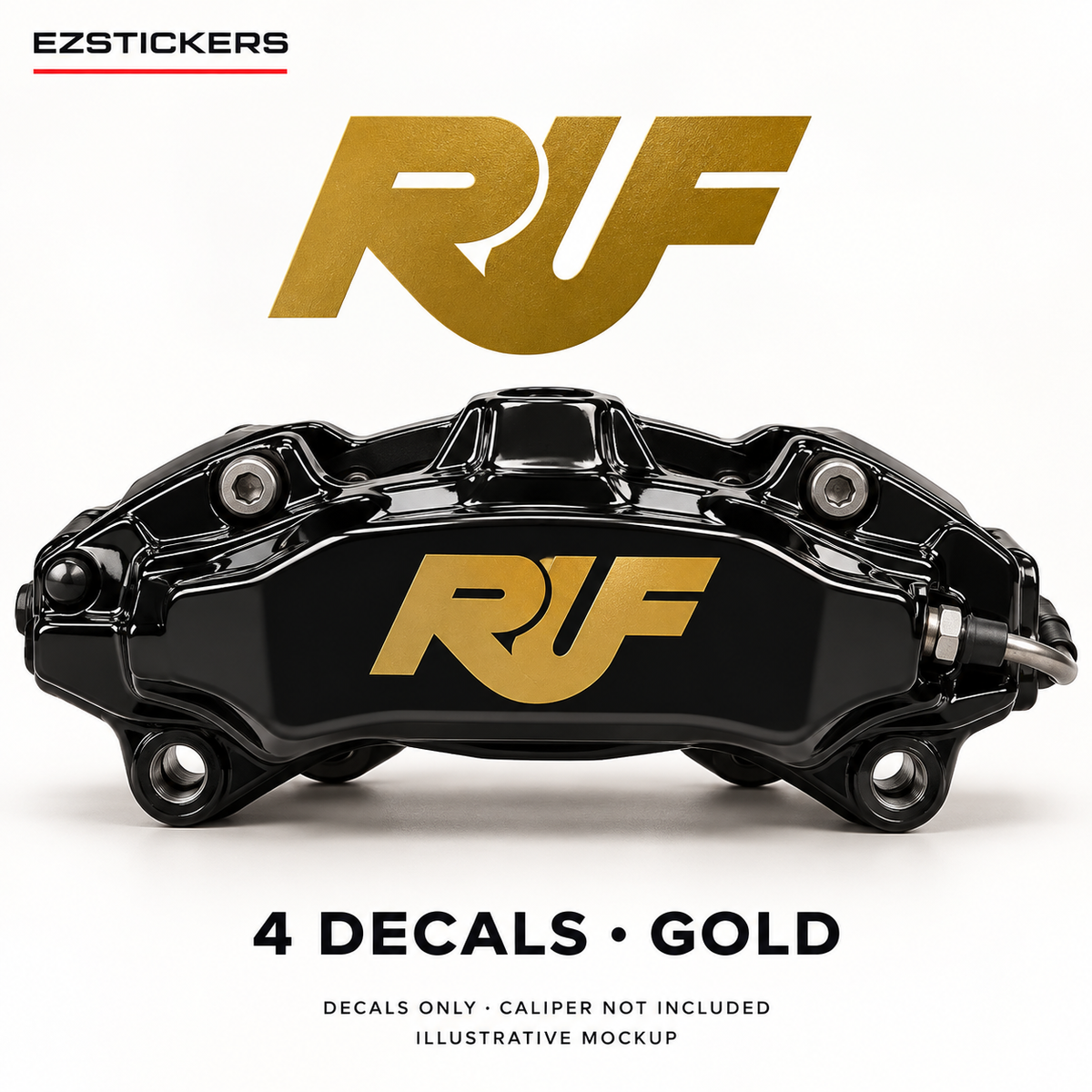 EZSTICKERS illustrative caliper mockup for RUF caliper decals — Gold, showing referenced manufacturer/model lettering in Gold; decals only, caliper not included.