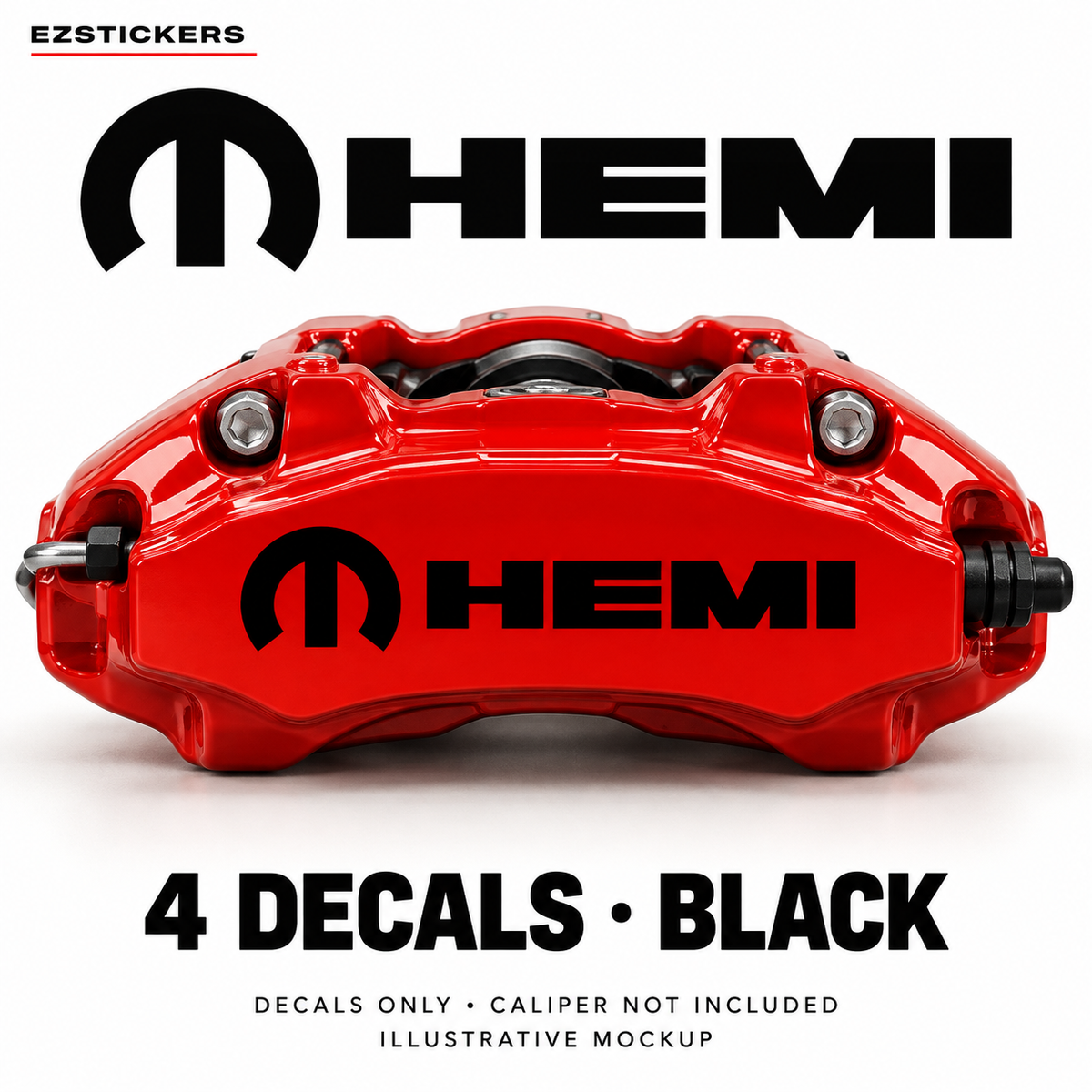 EZSTICKERS illustrative caliper mockup for Dodge Mopar HEMI caliper decals — Black, showing referenced manufacturer/model lettering in Black; decals only, caliper not included.