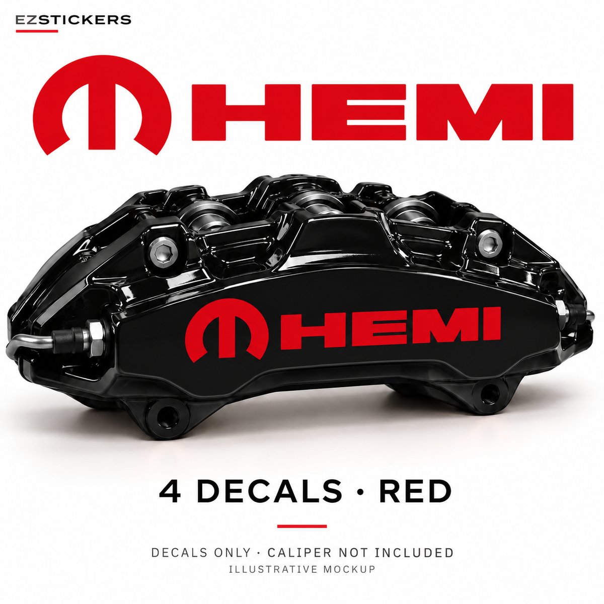 EZSTICKERS illustrative caliper mockup for Dodge Mopar HEMI caliper decals — Red, showing referenced manufacturer/model lettering in Red; decals only, caliper not included.