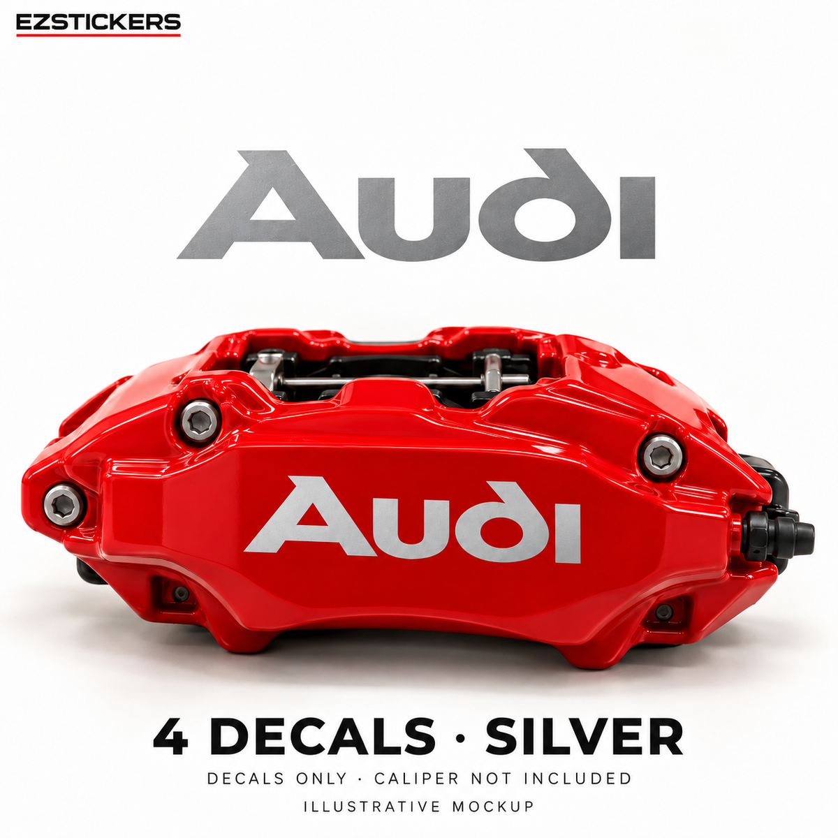 EZSTICKERS illustrative caliper mockup for Audi caliper decals — Silver, showing referenced manufacturer/model lettering in Silver; decals only, caliper not included.