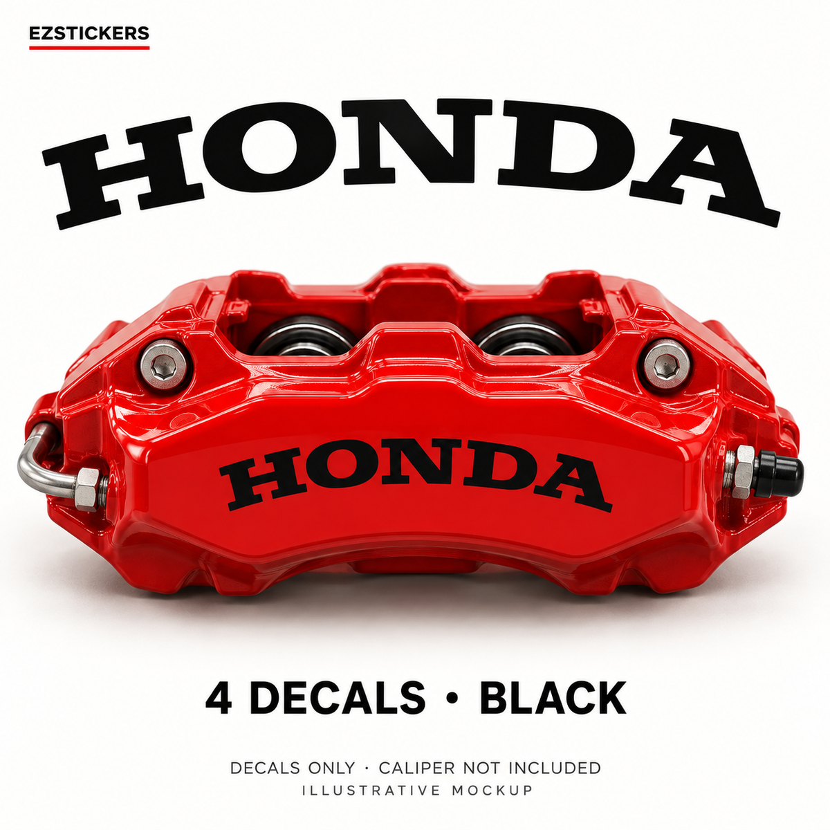 EZSTICKERS illustrative caliper mockup for Honda caliper decals — Black, showing referenced manufacturer/model lettering in Black; decals only, caliper not included.