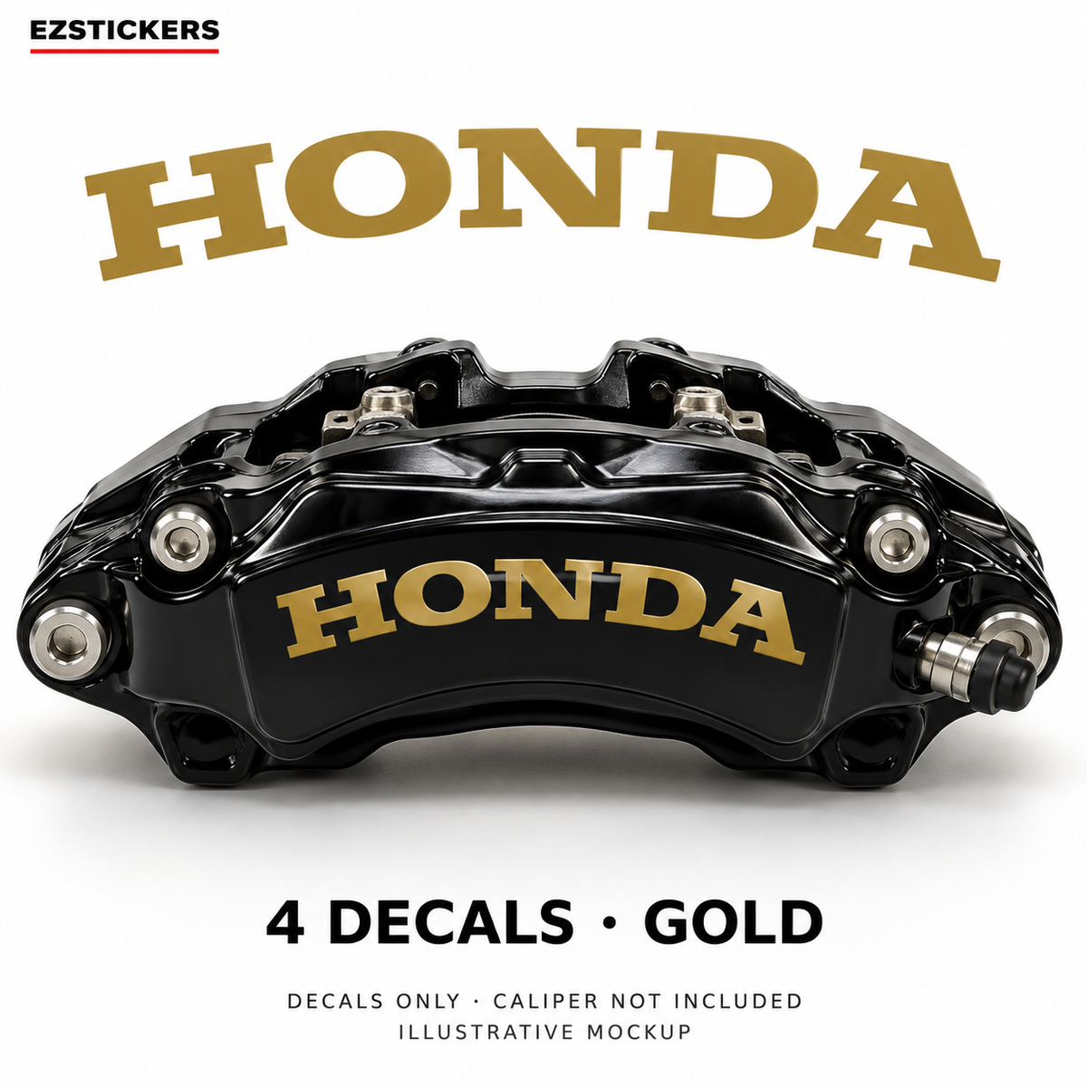 EZSTICKERS illustrative caliper mockup for Honda caliper decals — Gold, showing referenced manufacturer/model lettering in Gold; decals only, caliper not included.