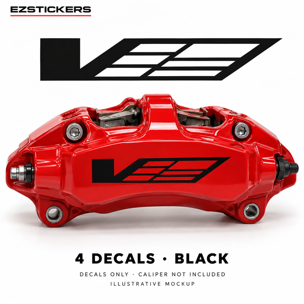 EZSTICKERS illustrative caliper mockup for Cadillac CTS-V caliper decals — Black, showing referenced manufacturer/model lettering in Black; decals only, caliper not included.