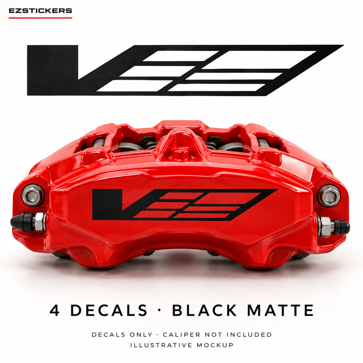 EZSTICKERS illustrative caliper mockup for Cadillac CTS-V caliper decals — Black Matte, showing referenced manufacturer/model lettering in Black Matte; decals only, caliper not included.