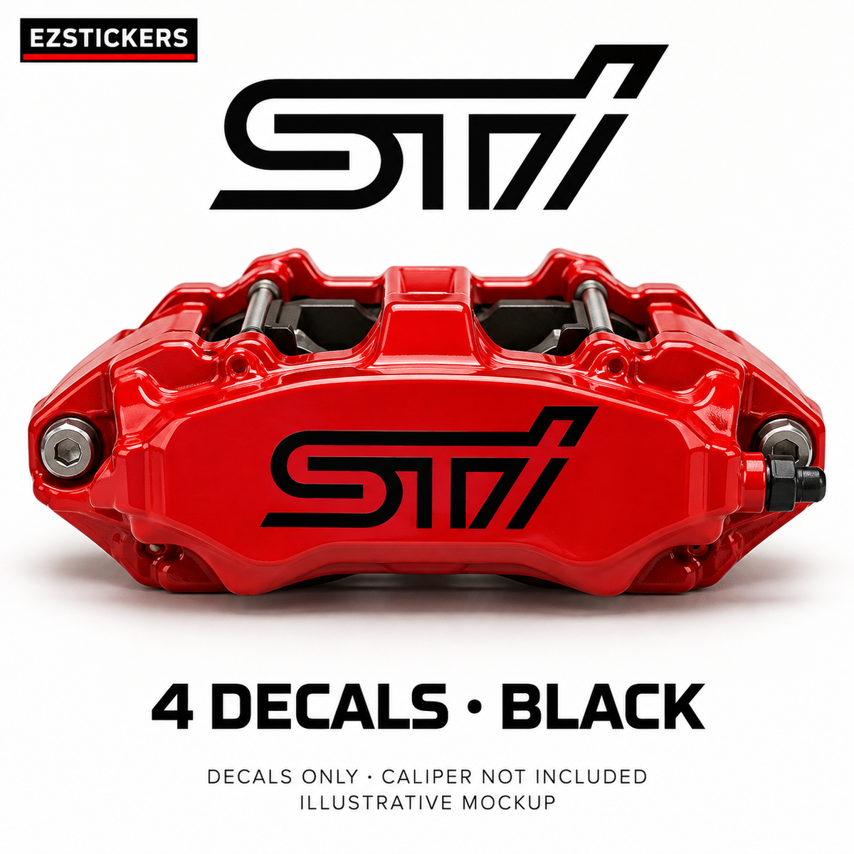 EZSTICKERS illustrative caliper mockup for Subaru STI WXR caliper decals — Black, showing referenced manufacturer/model lettering in Black; decals only, caliper not included.