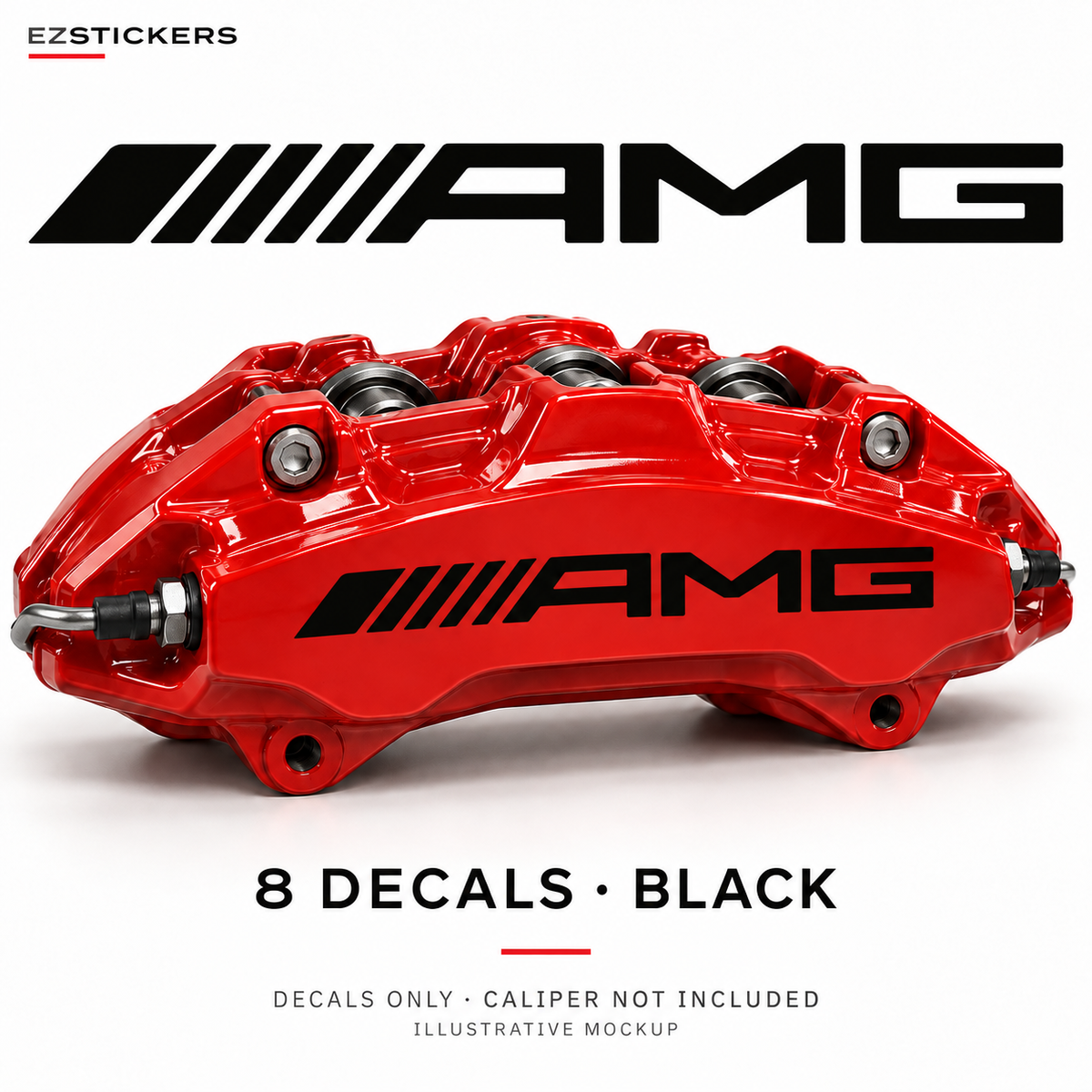 EZSTICKERS illustrative caliper mockup for AMG Combo caliper decals — Black, showing the referenced manufacturer/model lettering in Black; decals only, caliper not included.