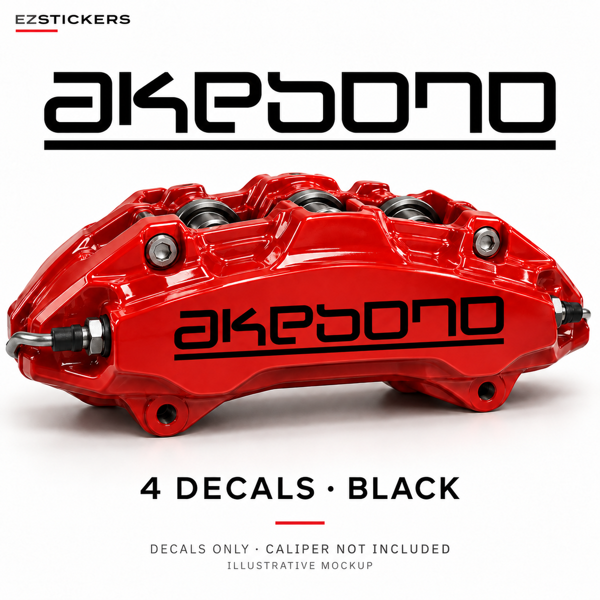 EZSTICKERS illustrative caliper mockup for Akebono caliper decals — Black, showing the referenced manufacturer/model lettering in Black; decals only, caliper not included.