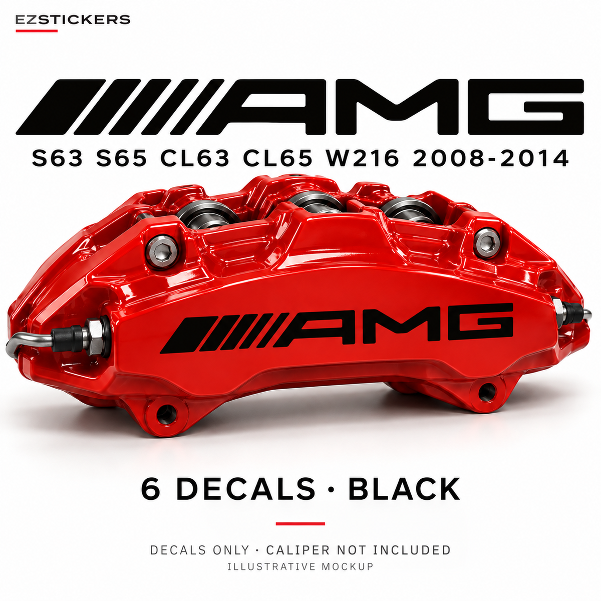 EZSTICKERS illustrative caliper mockup for AMG S63 S65 CL63 CL65 W216 2008-2014 Curve & Straight combo caliper decals — Black, showing the referenced manufacturer/model lettering in Black; decals only, caliper not included.