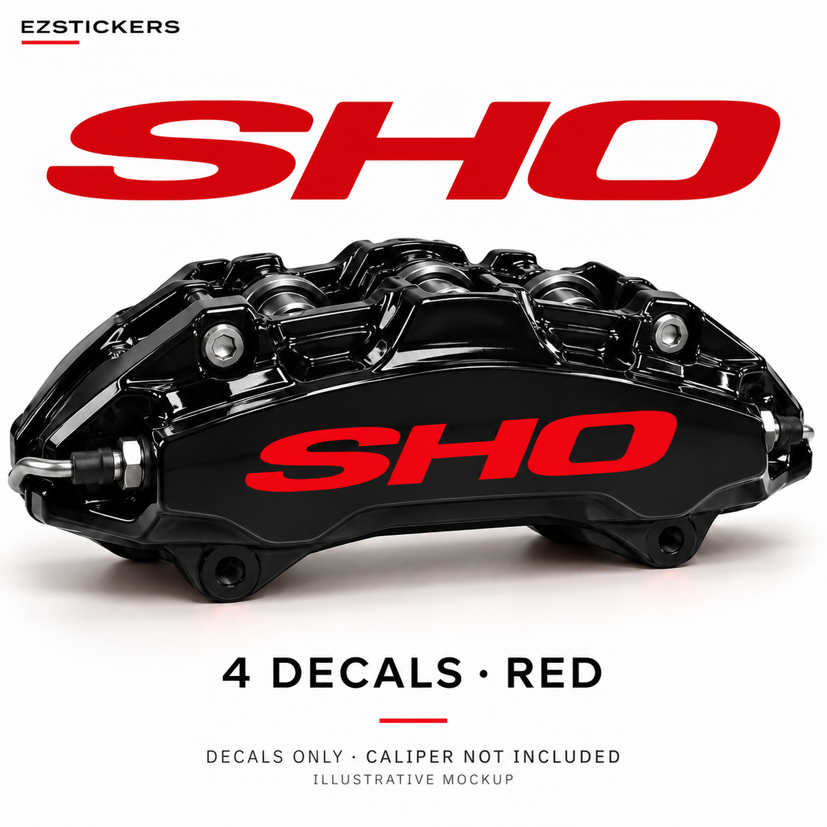 EZSTICKERS illustrative caliper mockup for Ford Taurus SHO caliper decals — Red, showing referenced manufacturer/model lettering in Red; decals only, caliper not included.