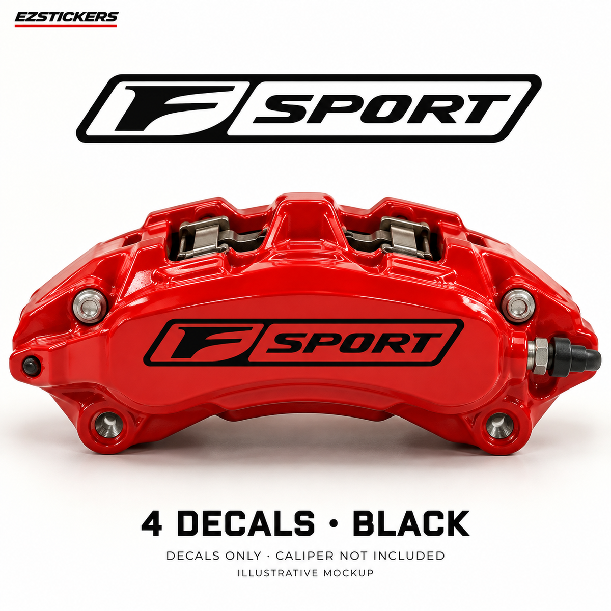 EZSTICKERS illustrative caliper mockup for F Sport caliper decals — Black, showing referenced manufacturer/model lettering in Black; decals only, caliper not included.