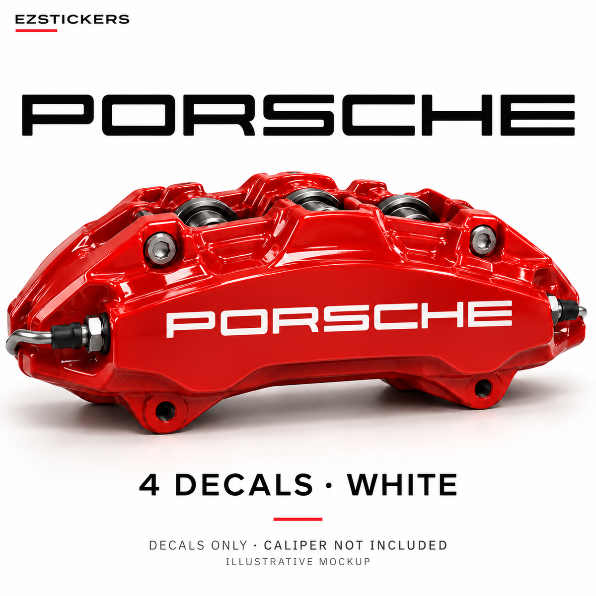 EZSTICKERS illustrative caliper mockup for Porsche caliper decals — White, showing referenced manufacturer/model lettering in White; decals only, caliper not included.