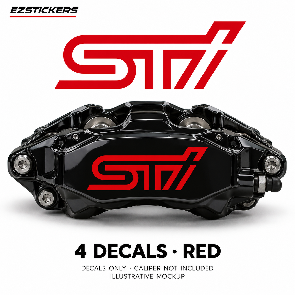 EZSTICKERS illustrative caliper mockup for Subaru STI WXR caliper decals — Red, showing referenced manufacturer/model lettering in Red; decals only, caliper not included.