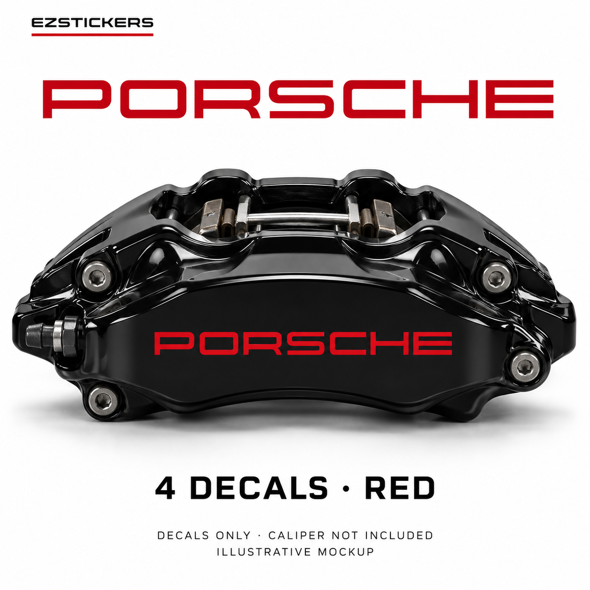 EZSTICKERS illustrative caliper mockup for Porsche 911, 996, Boxster, Cayman caliper decals — Red, showing referenced manufacturer/model lettering in Red; decals only, caliper not included.