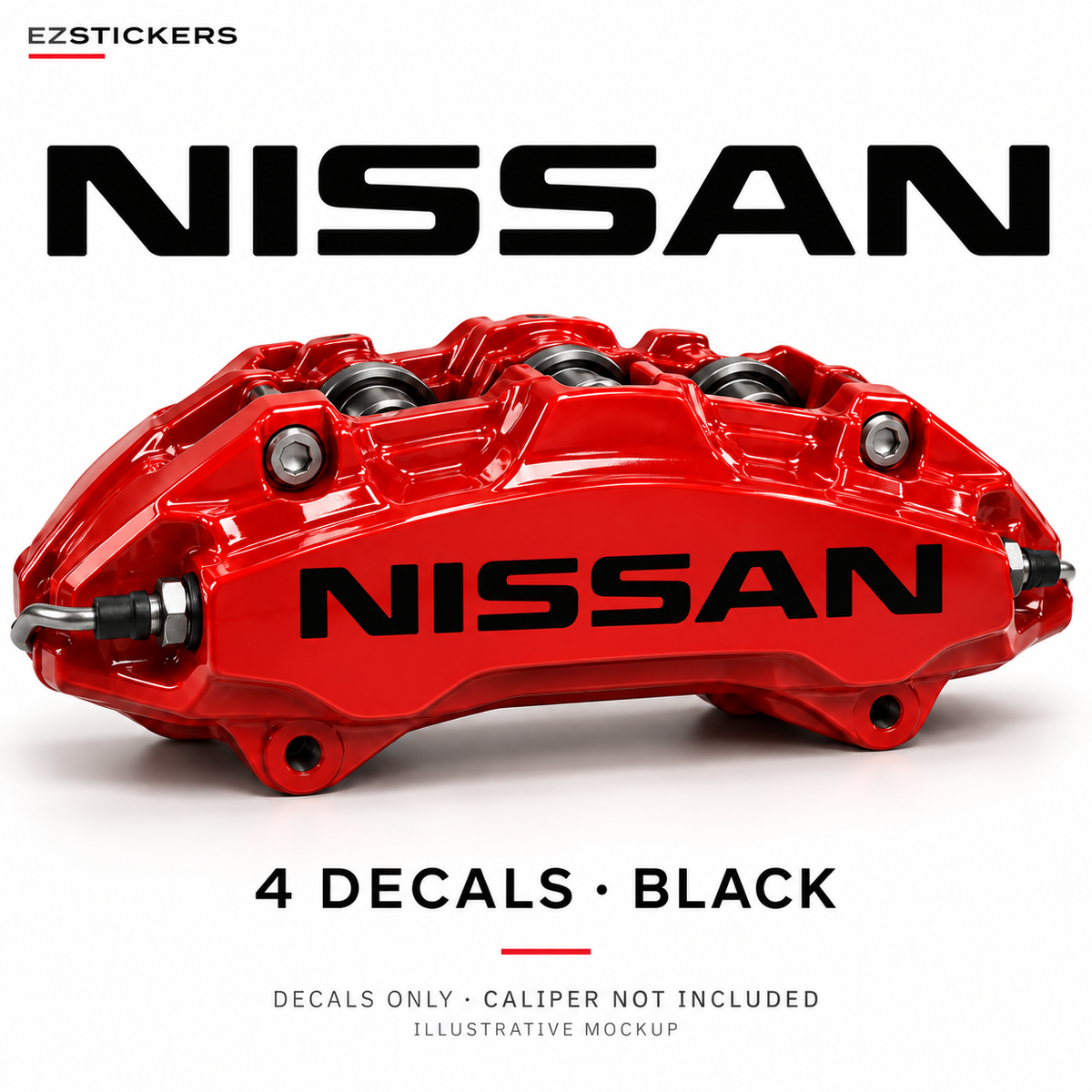EZSTICKERS illustrative caliper mockup for Nissan caliper decals — Black, showing referenced manufacturer/model lettering in Black; decals only, caliper not included.