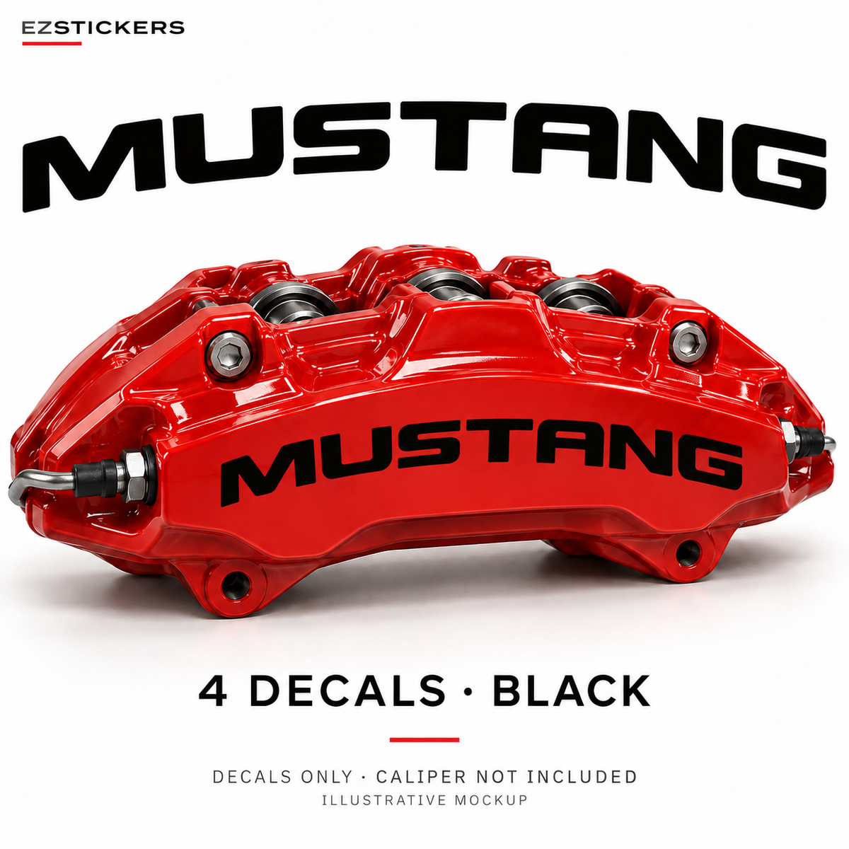 EZSTICKERS illustrative caliper mockup for Mustang caliper decals — Black, showing referenced manufacturer/model lettering in Black; decals only, caliper not included.