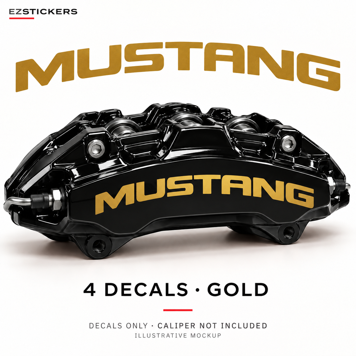 EZSTICKERS illustrative caliper mockup for Mustang caliper decals — Gold, showing referenced manufacturer/model lettering in Gold; decals only, caliper not included.