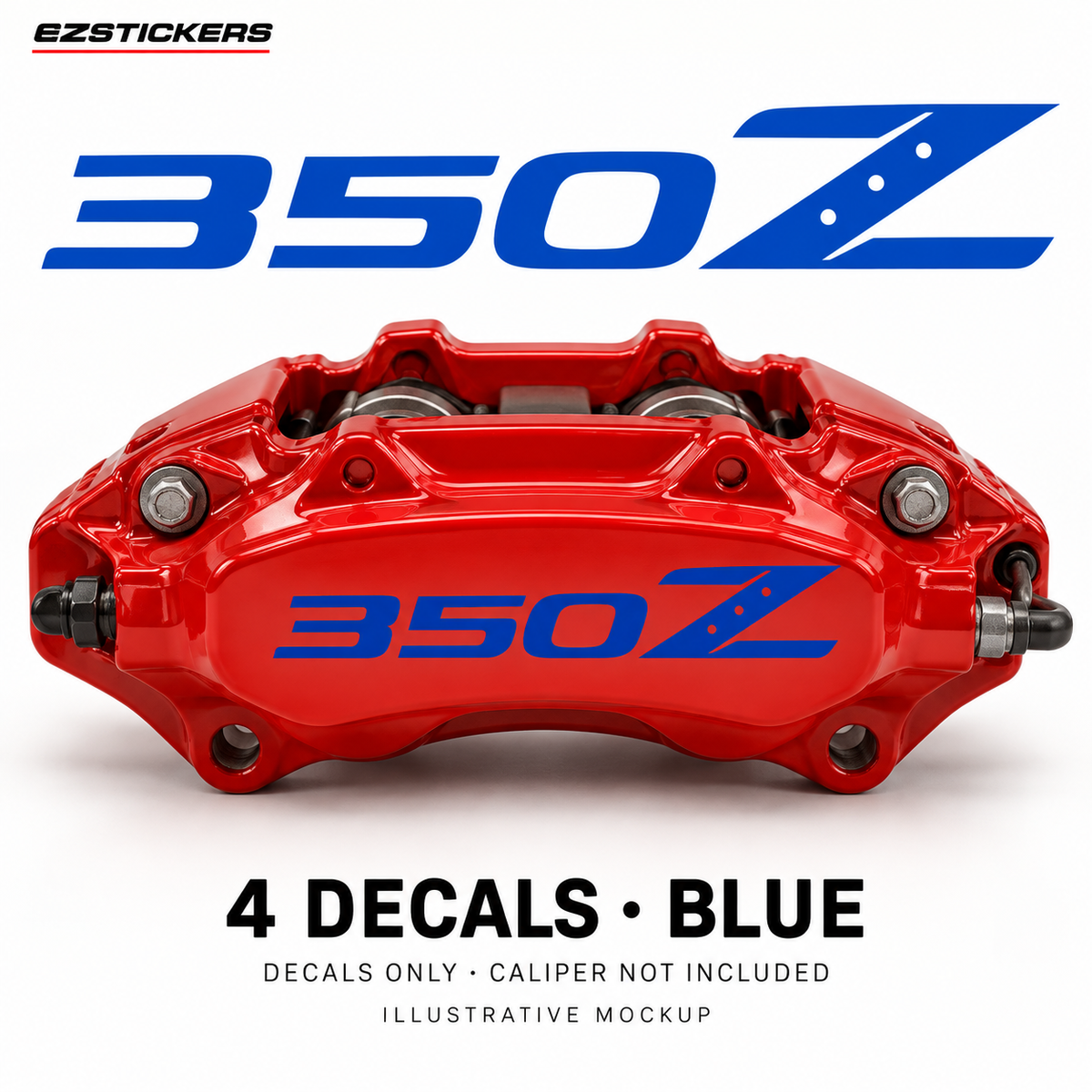 EZSTICKERS illustrative caliper mockup for Nissan 350Z caliper decals — Blue, showing referenced manufacturer/model lettering in Blue; decals only, caliper not included.
