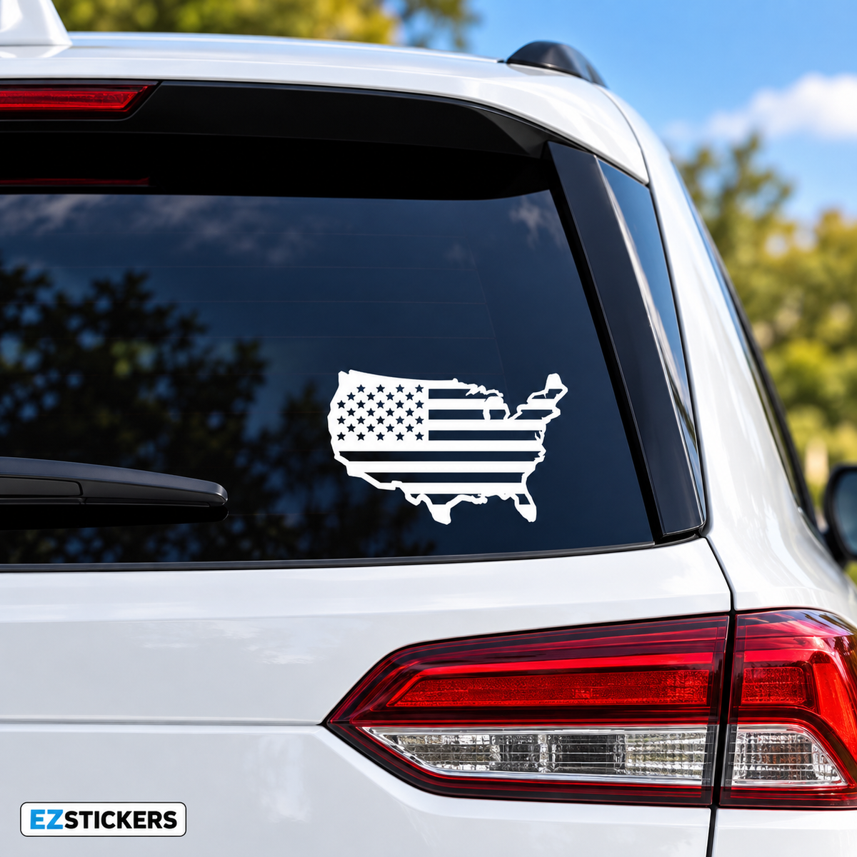 USA map filled with the American flag car decal — EZSTICKERS reference-accurate product image