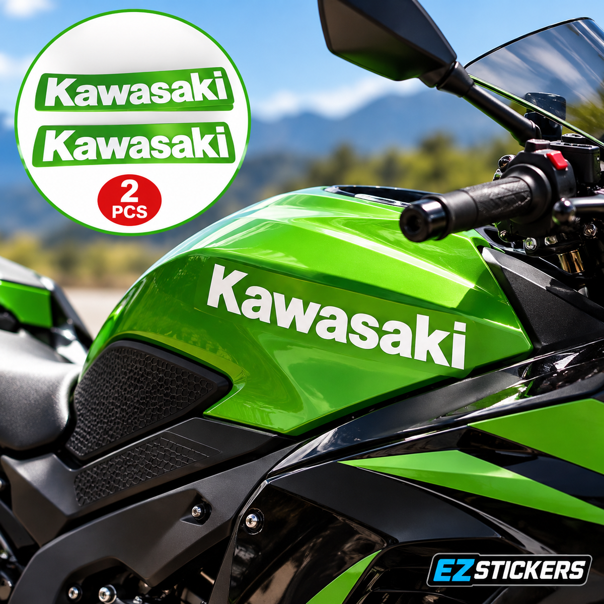 2pcs Vinyl Lettering Decals Sticker Kit Fits Kawasaki Motorcycles — EZSTICKERS reference-accurate product image