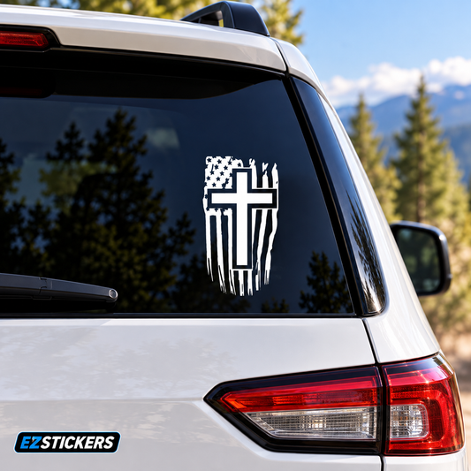 Cross with American Flag Vinyl Decal — EZSTICKERS reference-accurate product image