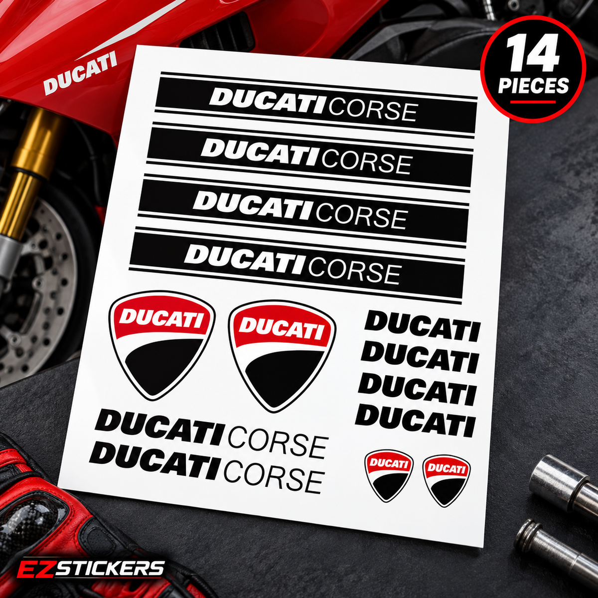 Ducati Corse Motorcycle Decals | Fits 1199, 1299, Diavel & Panigale — EZSTICKERS reference-accurate product image