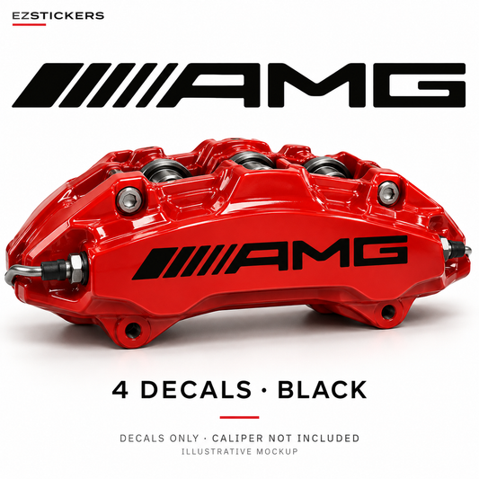 AMG black decal lettering shown on a red caliper in an illustrative EZSTICKERS mockup; caliper not included.
