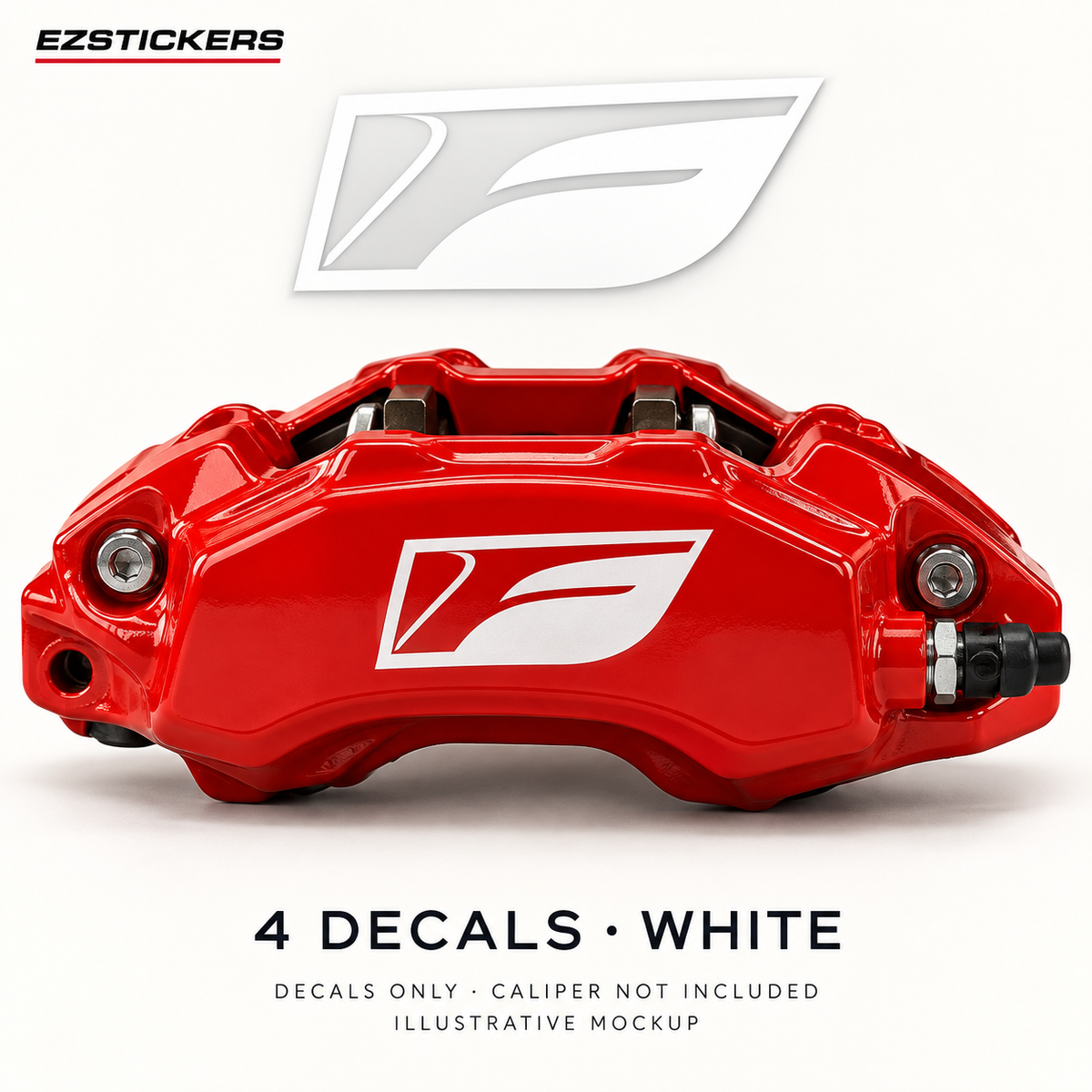EZSTICKERS illustrative caliper mockup for F Sport Logo caliper decals — White, showing referenced manufacturer/model lettering in White; decals only, caliper not included.