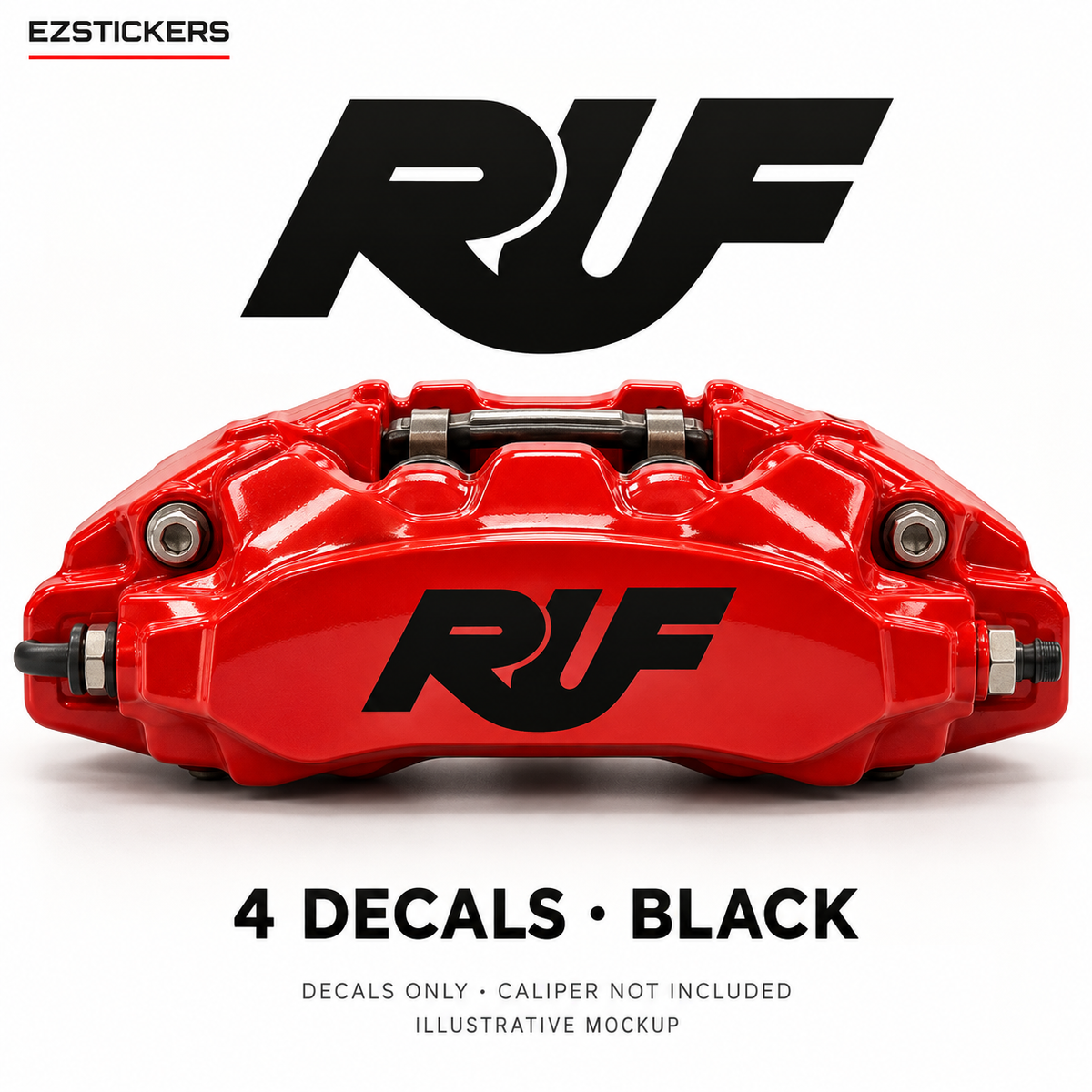 EZSTICKERS illustrative caliper mockup for RUF caliper decals — Black, showing referenced manufacturer/model lettering in Black; decals only, caliper not included.