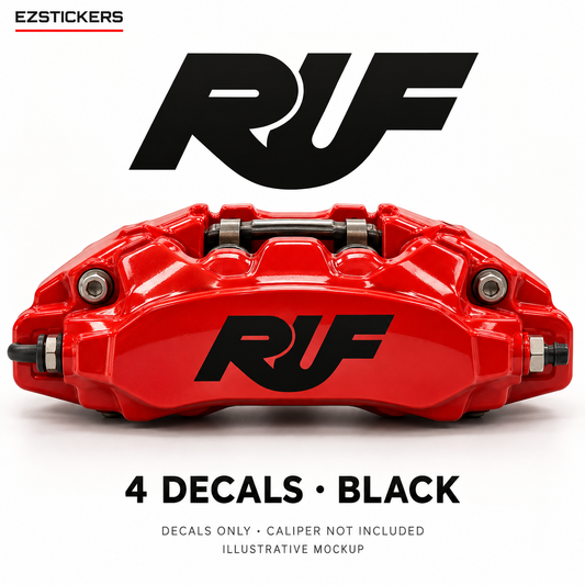 EZSTICKERS illustrative caliper mockup for RUF caliper decals — Black, showing referenced manufacturer/model lettering in Black; decals only, caliper not included.