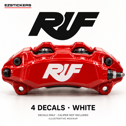 EZSTICKERS illustrative caliper mockup for RUF caliper decals — White, showing referenced manufacturer/model lettering in White; decals only, caliper not included.