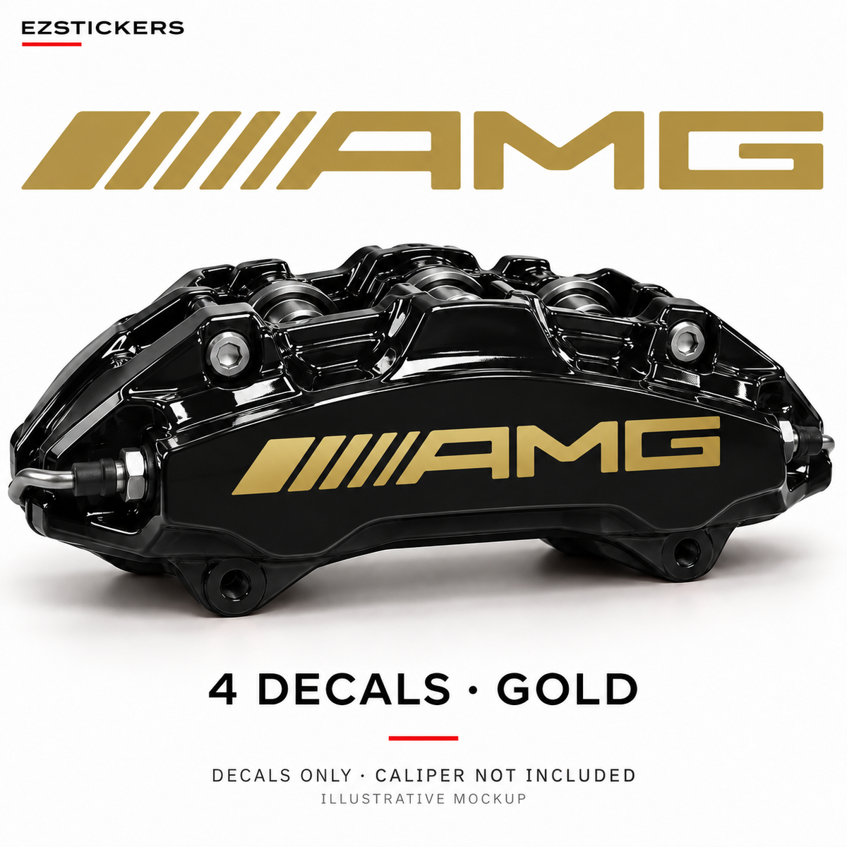 EZSTICKERS illustrative caliper mockup for AMG straight caliper decals — Gold, showing the referenced manufacturer/model lettering in Gold; decals only, caliper not included.