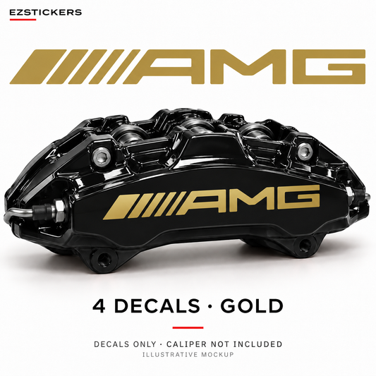 EZSTICKERS illustrative caliper mockup for AMG straight caliper decals — Gold, showing the referenced manufacturer/model lettering in Gold; decals only, caliper not included.