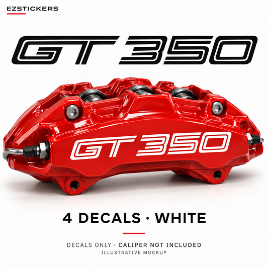 EZSTICKERS illustrative caliper mockup for Mustang Shelby GT350 caliper decals — White, showing referenced manufacturer/model lettering in White; decals only, caliper not included.
