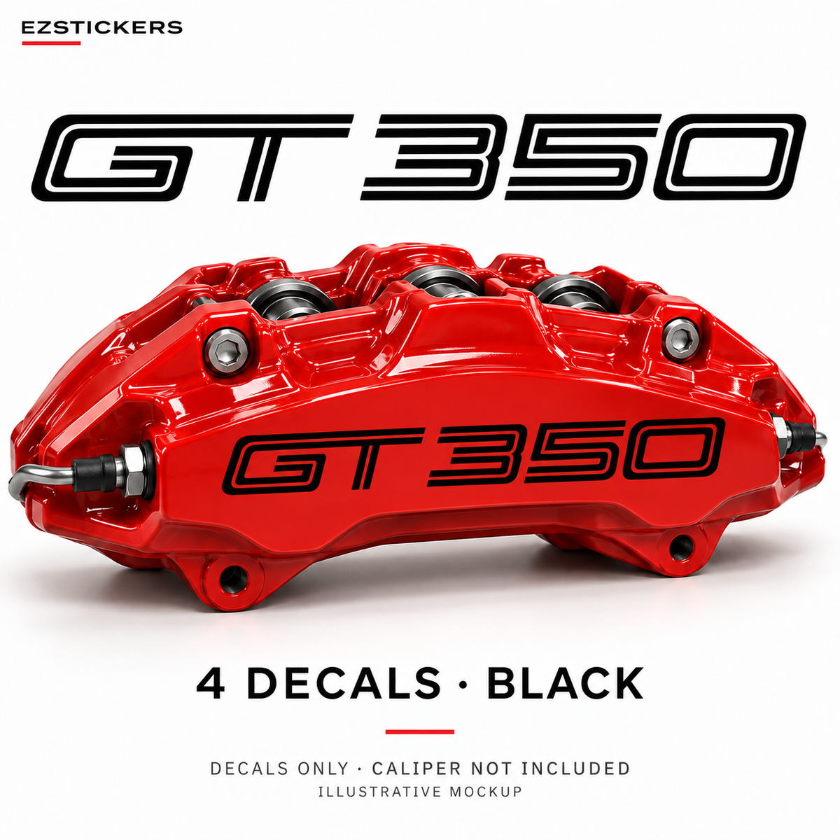 EZSTICKERS illustrative caliper mockup for Mustang Shelby GT350 caliper decals — Black, showing referenced manufacturer/model lettering in Black; decals only, caliper not included.
