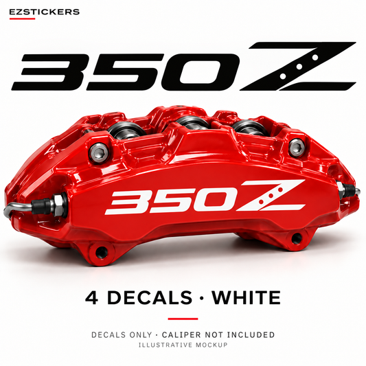 EZSTICKERS illustrative caliper mockup for Nissan 350Z caliper decals — White, showing referenced manufacturer/model lettering in White; decals only, caliper not included.