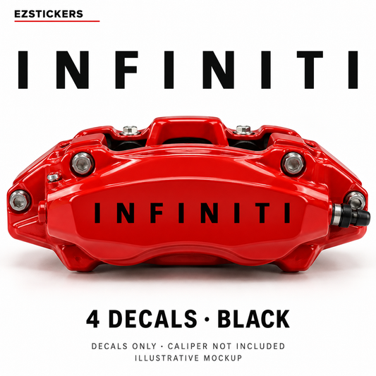 EZSTICKERS illustrative caliper mockup for Infiniti caliper decals — Black, showing referenced manufacturer/model lettering in Black; decals only, caliper not included.