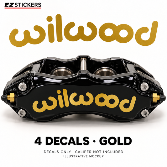 EZSTICKERS illustrative caliper mockup for Wilwood caliper decals — Gold, showing referenced manufacturer/model lettering in Gold; decals only, caliper not included.