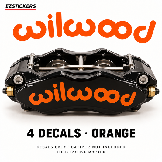 EZSTICKERS illustrative caliper mockup for Wilwood caliper decals — Orange, showing referenced manufacturer/model lettering in Orange; decals only, caliper not included.