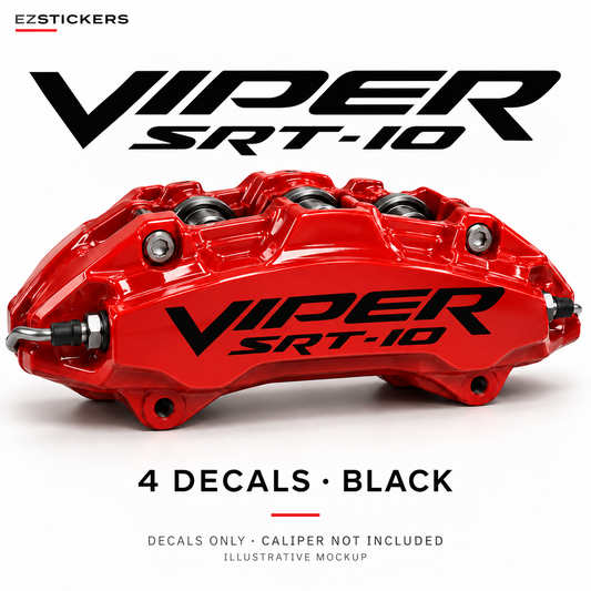 EZSTICKERS illustrative caliper mockup for Dodge Ram Viper SRT 10 caliper decals — Black, showing referenced manufacturer/model lettering in Black; decals only, caliper not included.