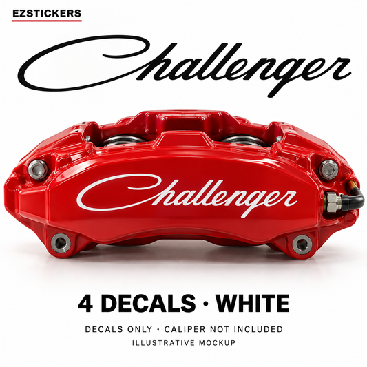 EZSTICKERS illustrative caliper mockup for Dodge Challenger caliper decals — White, showing referenced manufacturer/model lettering in White; decals only, caliper not included.