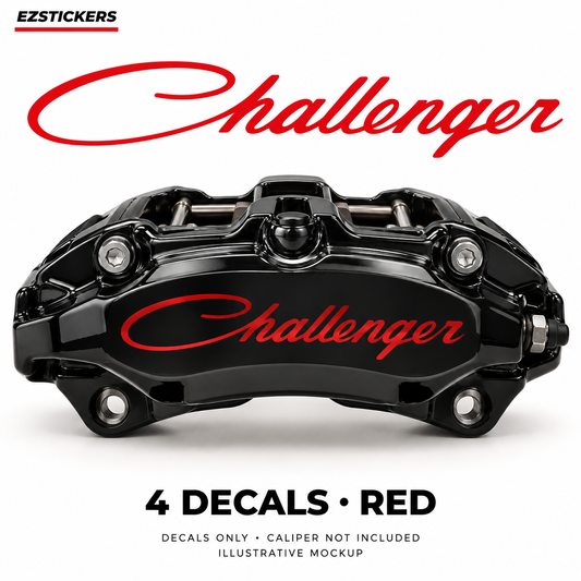 EZSTICKERS illustrative caliper mockup for Dodge Challenger caliper decals — Red, showing referenced manufacturer/model lettering in Red; decals only, caliper not included.
