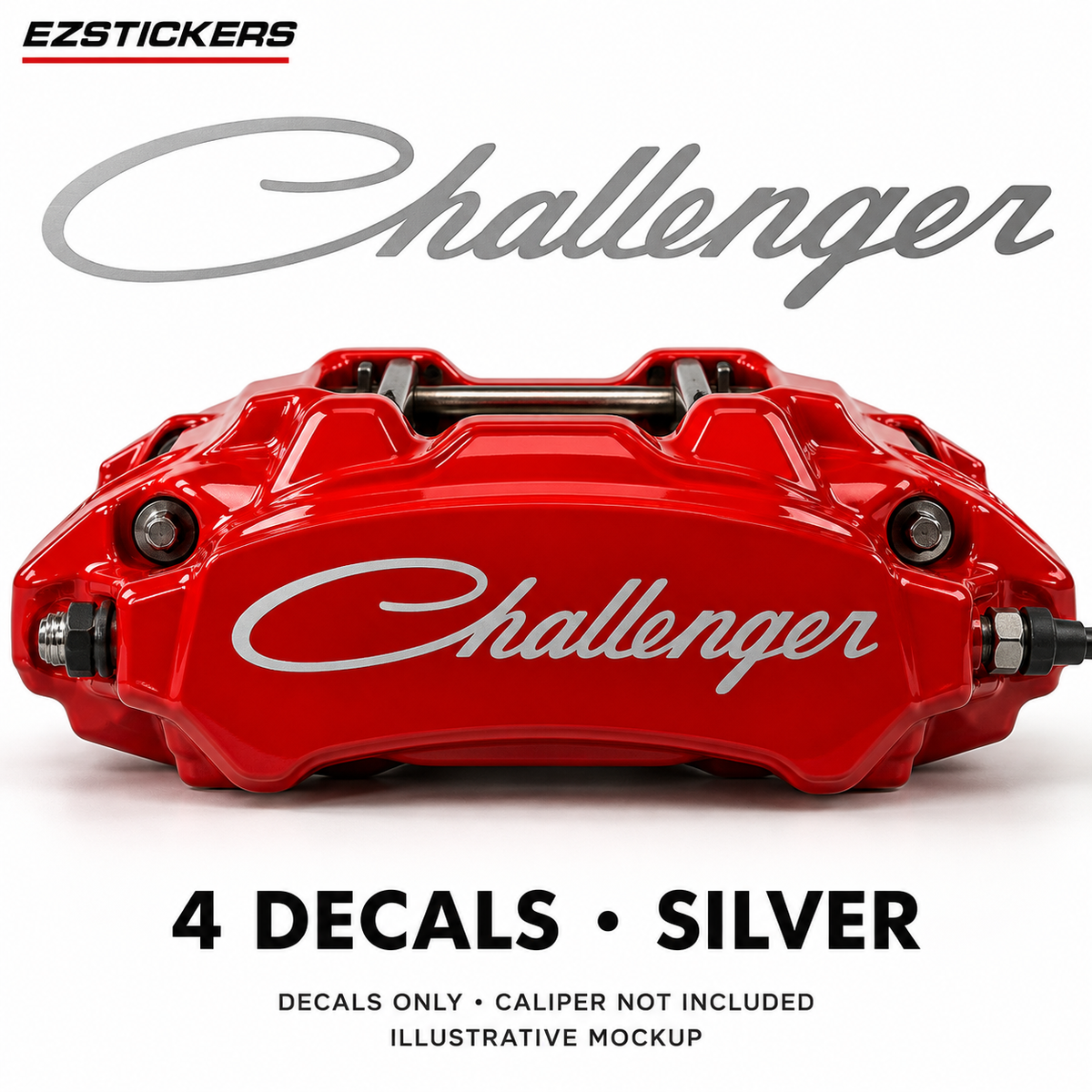 EZSTICKERS illustrative caliper mockup for Dodge Challenger caliper decals — Silver, showing referenced manufacturer/model lettering in Silver; decals only, caliper not included.