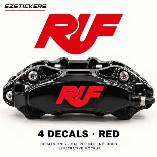 EZSTICKERS illustrative caliper mockup for RUF caliper decals — Red, showing referenced manufacturer/model lettering in Red; decals only, caliper not included.