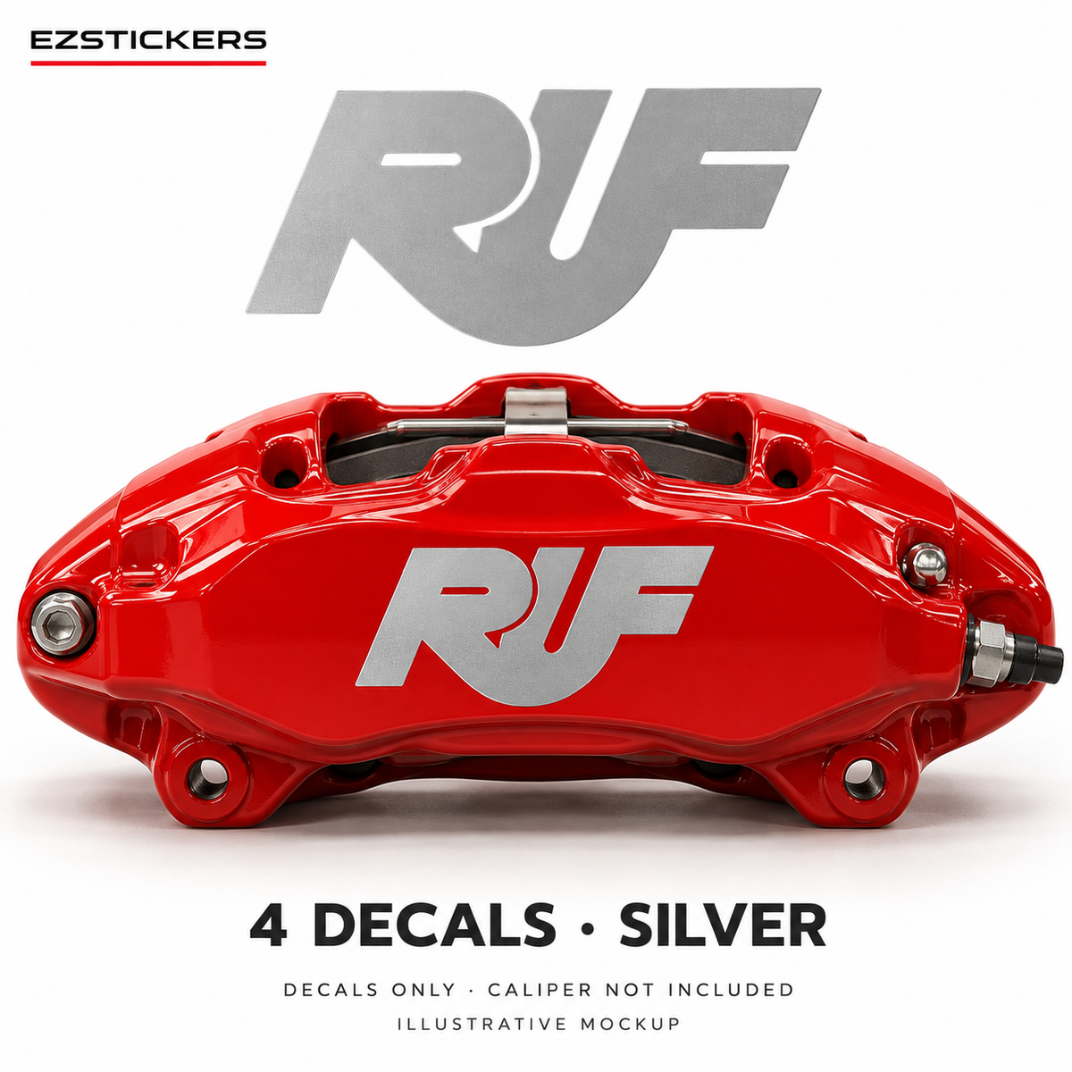 EZSTICKERS illustrative caliper mockup for RUF caliper decals — Silver, showing referenced manufacturer/model lettering in Silver; decals only, caliper not included.