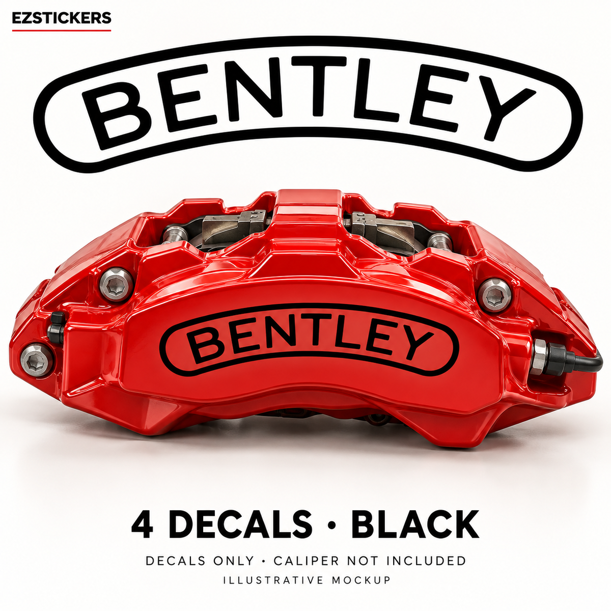 EZSTICKERS illustrative caliper mockup for Bentley Bentayga caliper decals — Black, showing referenced manufacturer/model lettering in Black; decals only, caliper not included.