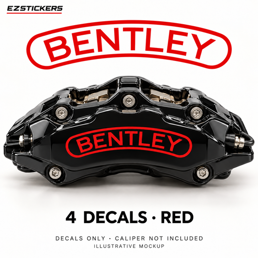 EZSTICKERS illustrative caliper mockup for Bentley Bentayga caliper decals — Red, showing referenced manufacturer/model lettering in Red; decals only, caliper not included.