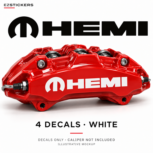EZSTICKERS illustrative caliper mockup for Dodge Mopar HEMI caliper decals — White, showing referenced manufacturer/model lettering in White; decals only, caliper not included.