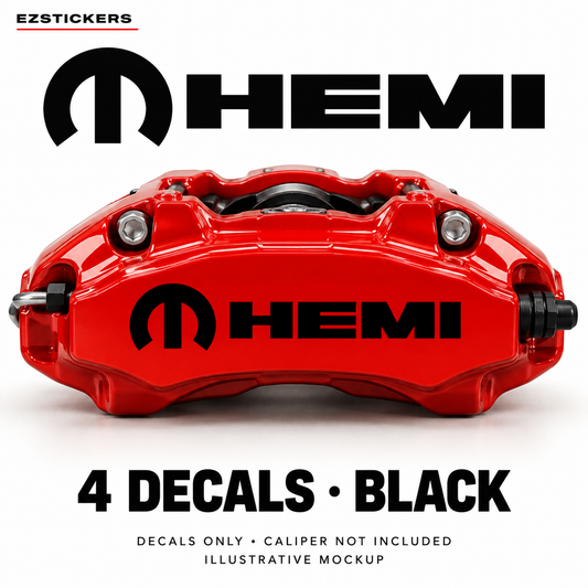 EZSTICKERS illustrative caliper mockup for Dodge Mopar HEMI caliper decals — Black, showing referenced manufacturer/model lettering in Black; decals only, caliper not included.